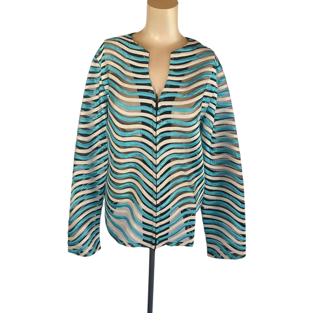 Weavz Wave Pattern Zipper Front Jacket in Turquoise/White/Black Mesh Satin Large